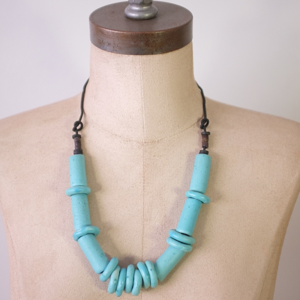 Vintage Handmade Turquoise Beaded Necklace Leather Strap Statement